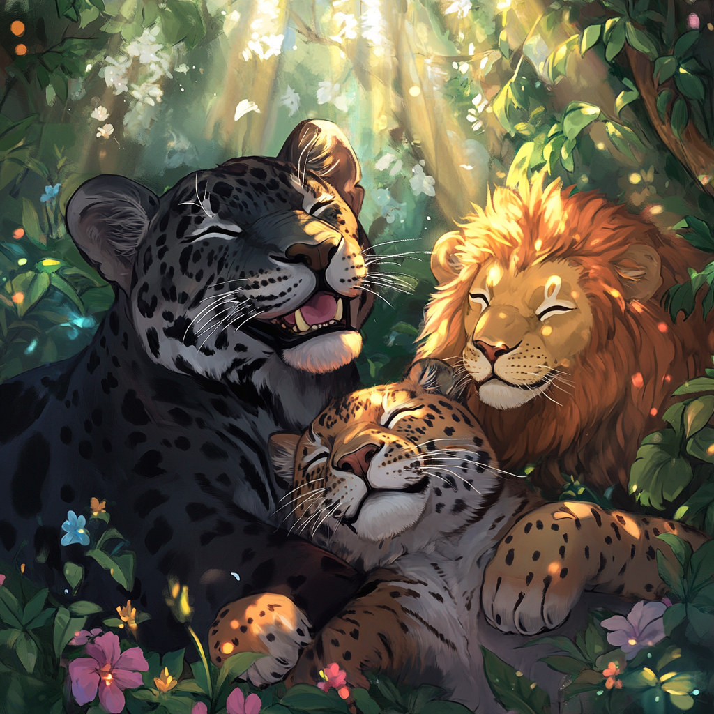 Happy black jaguar and lion in the forest