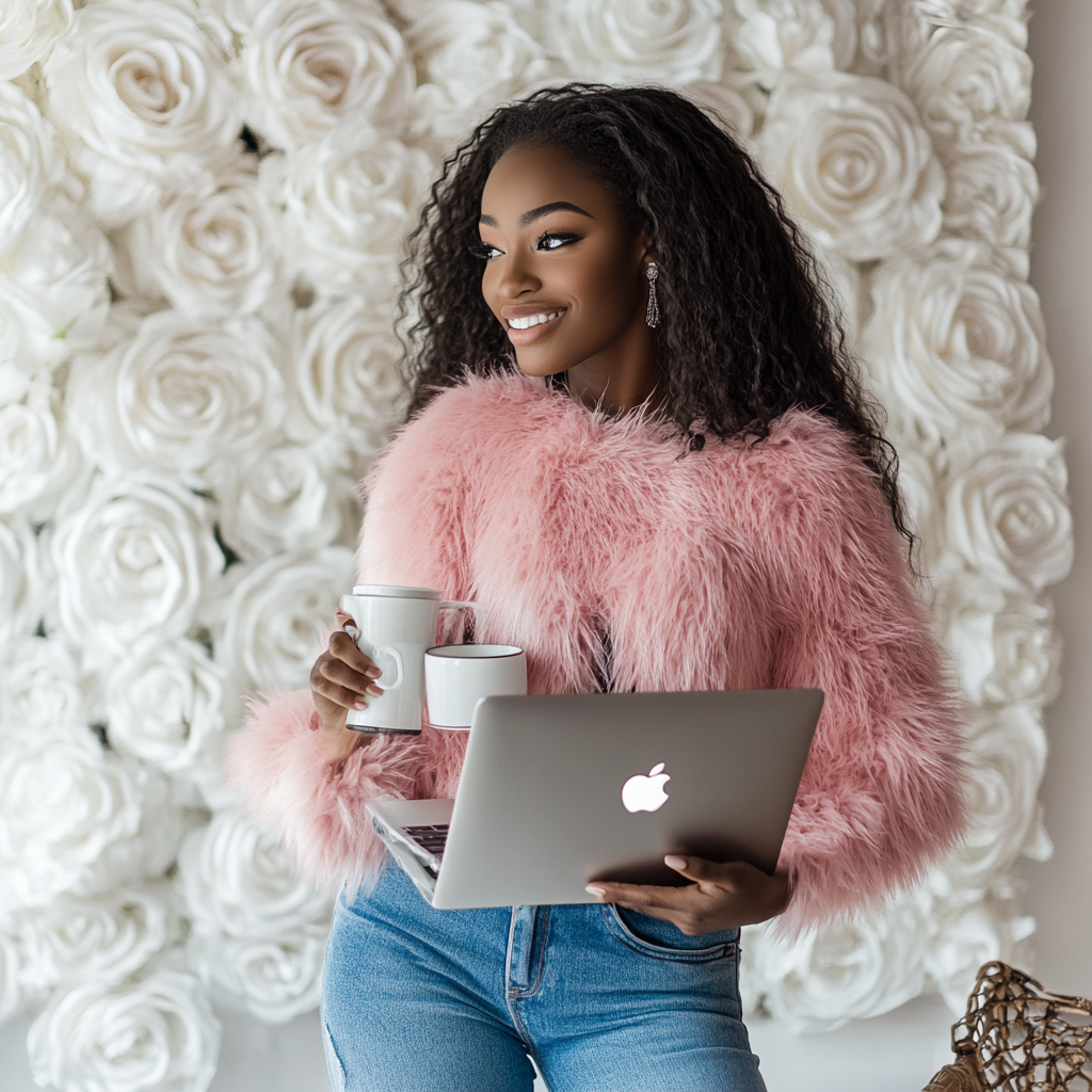 Happy black woman in luxury home office.