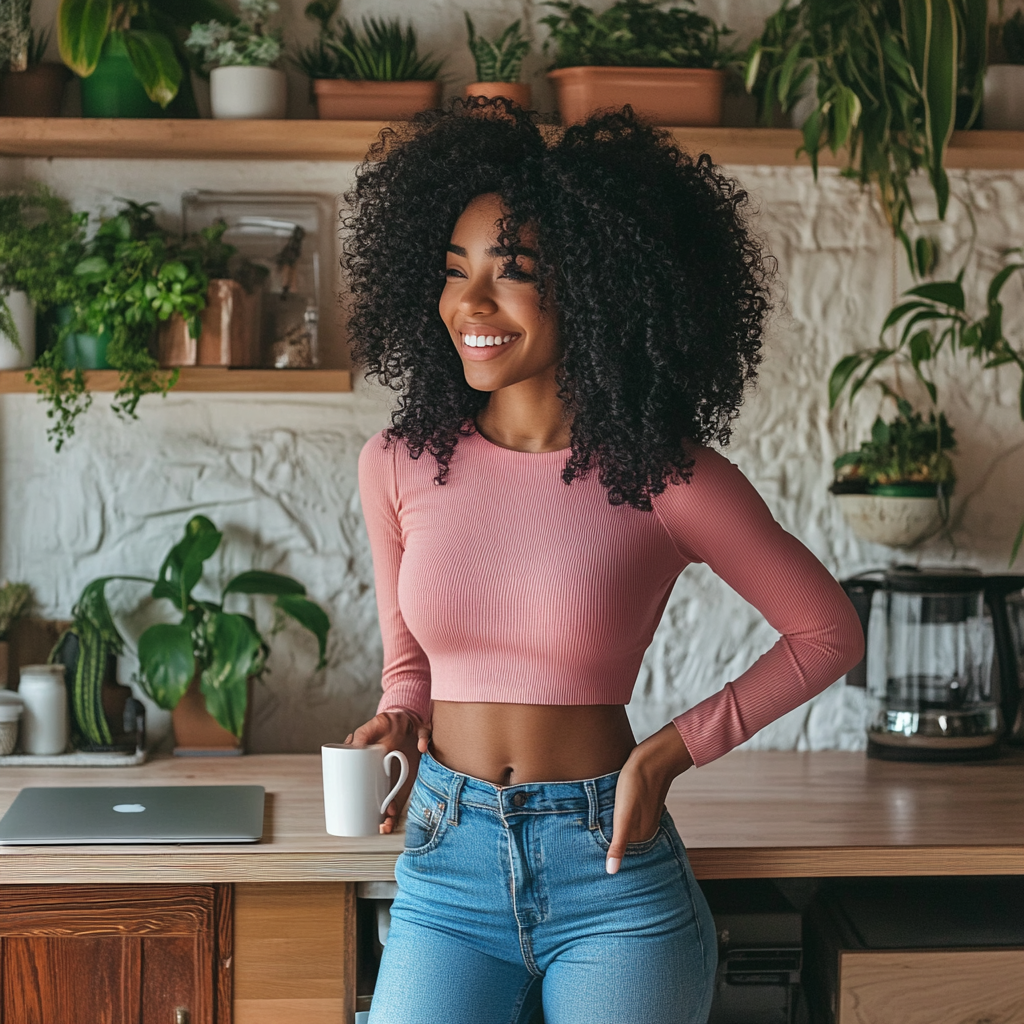 Happy black woman in pink top and jeans poses.