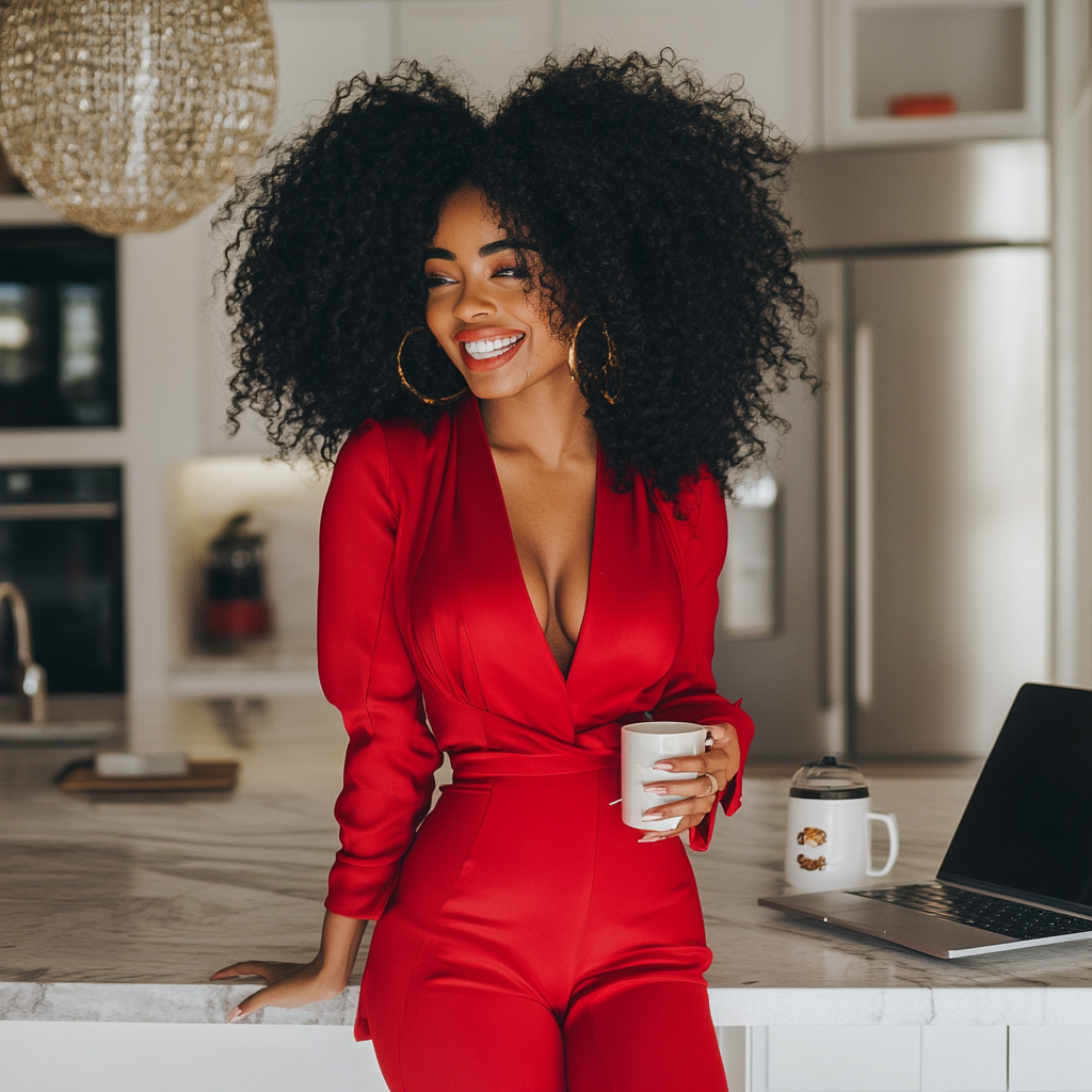 Happy black woman in red outfit with laptop.