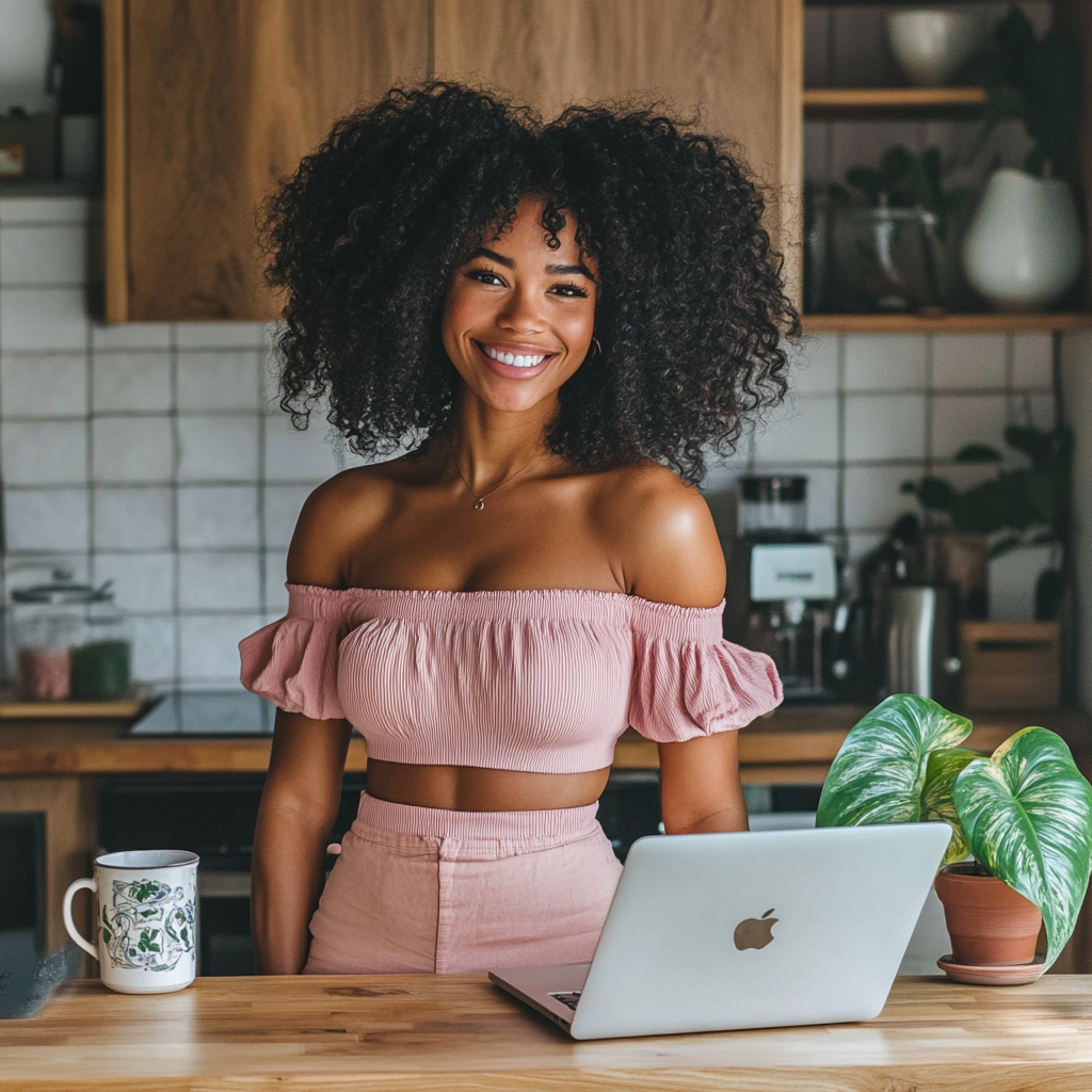 Happy black woman with laptop in home kitchen.