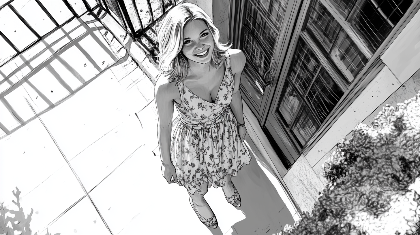 Happy blonde woman in dress stepping out of building