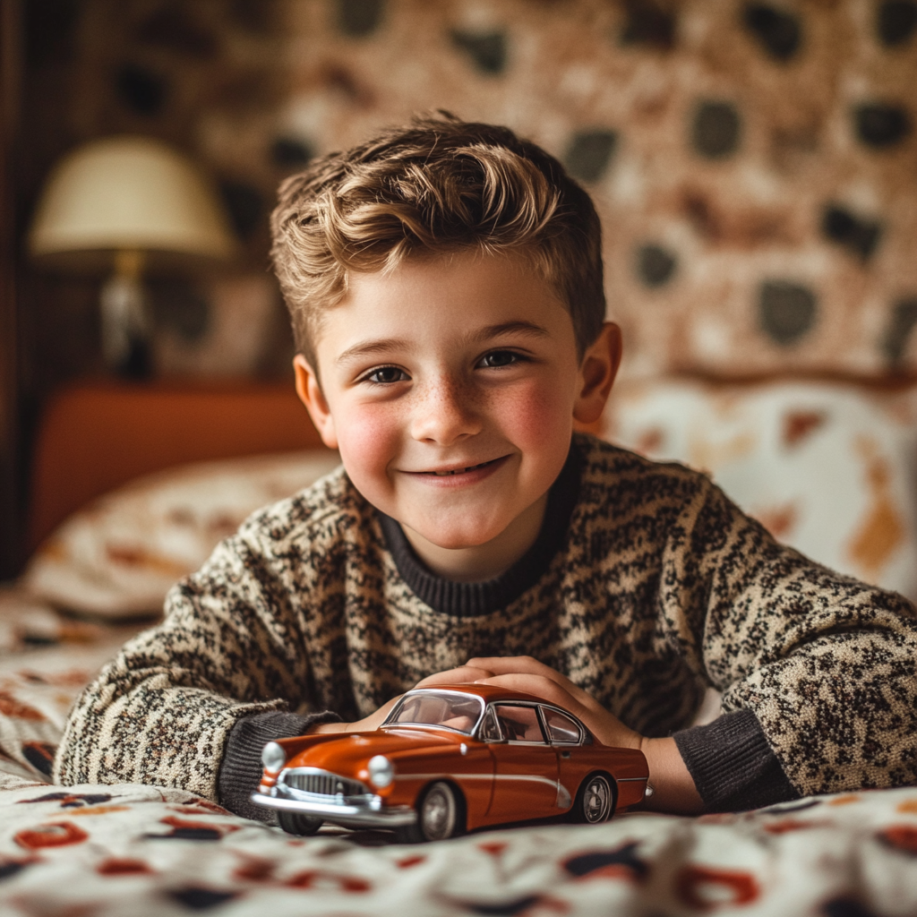 Happy boy in 50's bedroom playing with toy car.