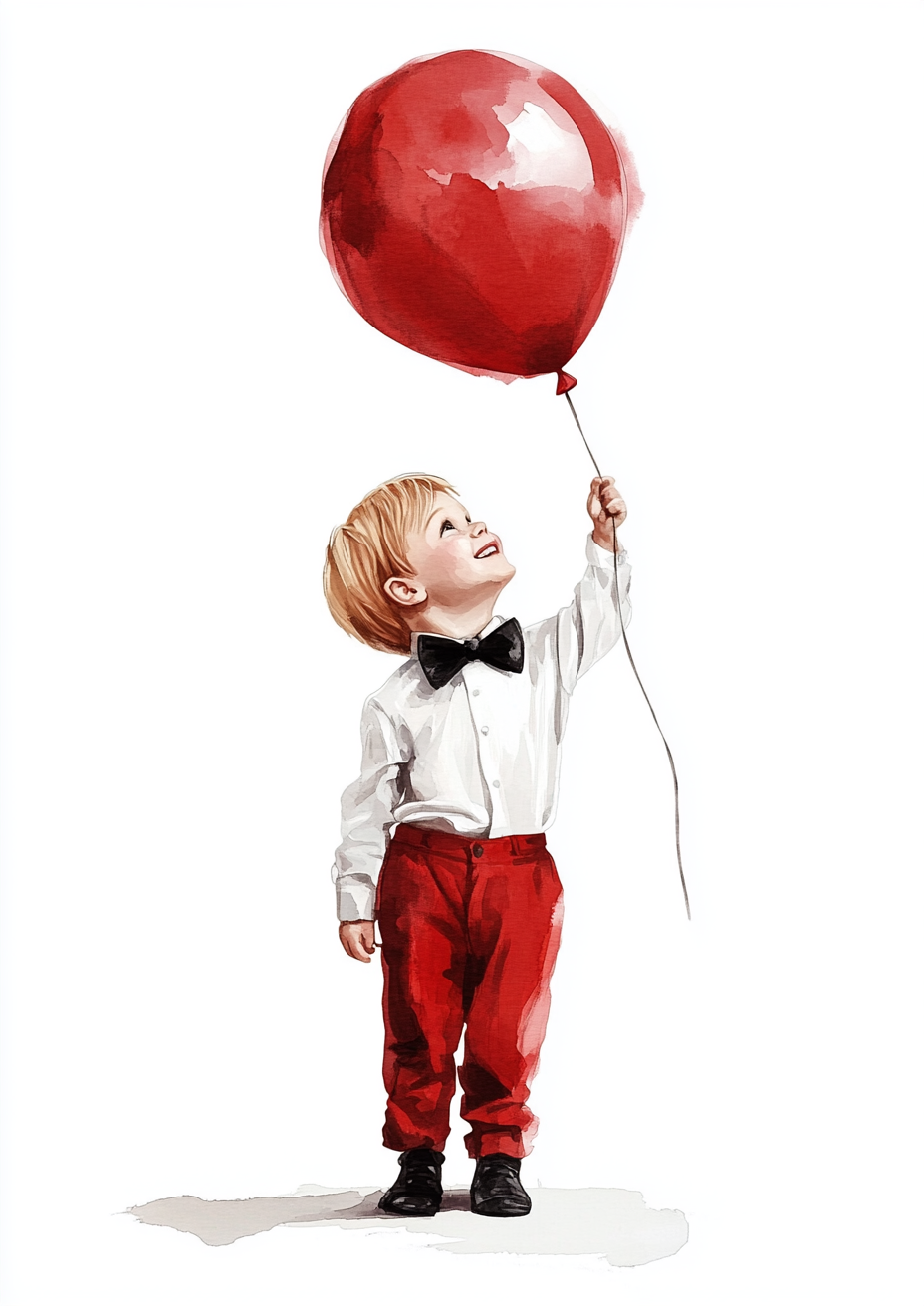 Happy boy with balloon in watercolor art style.