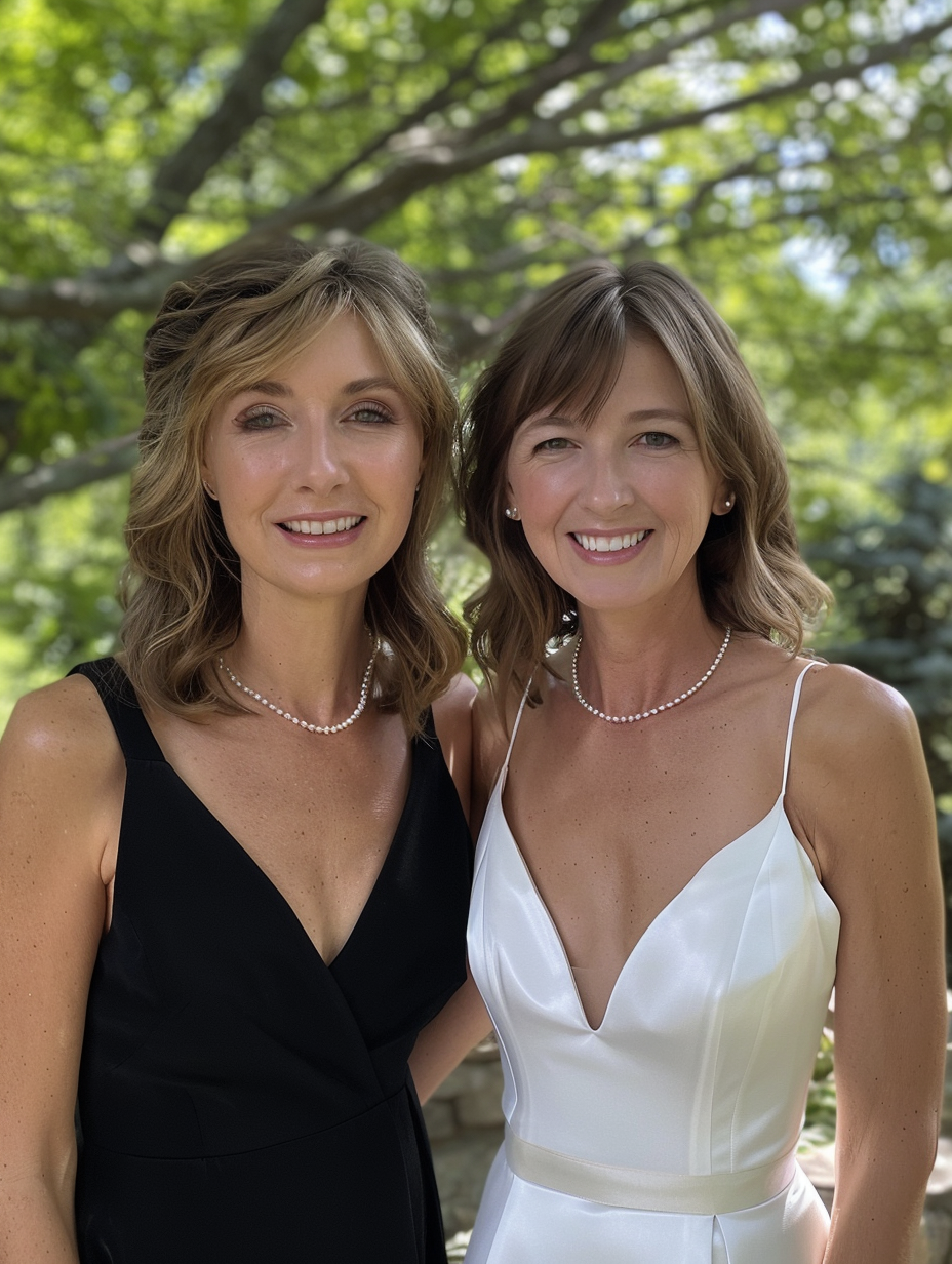 Happy bride and mom outside in wedding attire