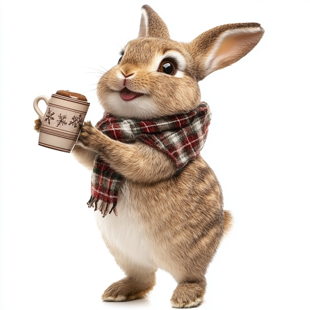 Happy bunny drinking hot chocolate in plaid scarf