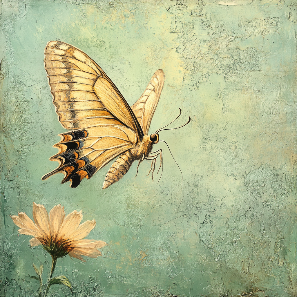 Happy butterfly on flower in pastel rural painting 