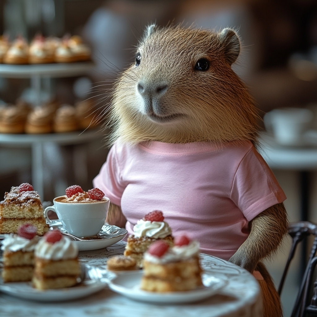 Happy capybara drinking coffee in pink shirt at cafe.