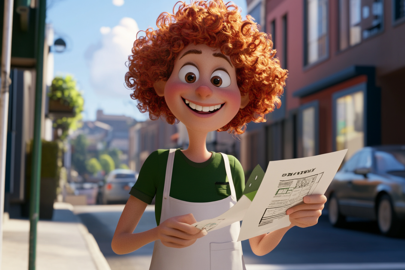 Happy cartoon character handing out flyers on street