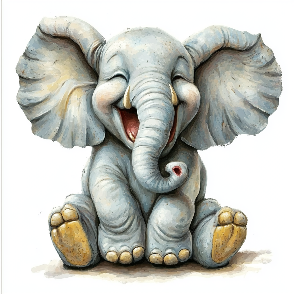 Happy cartoon elephant with big ears and tusks