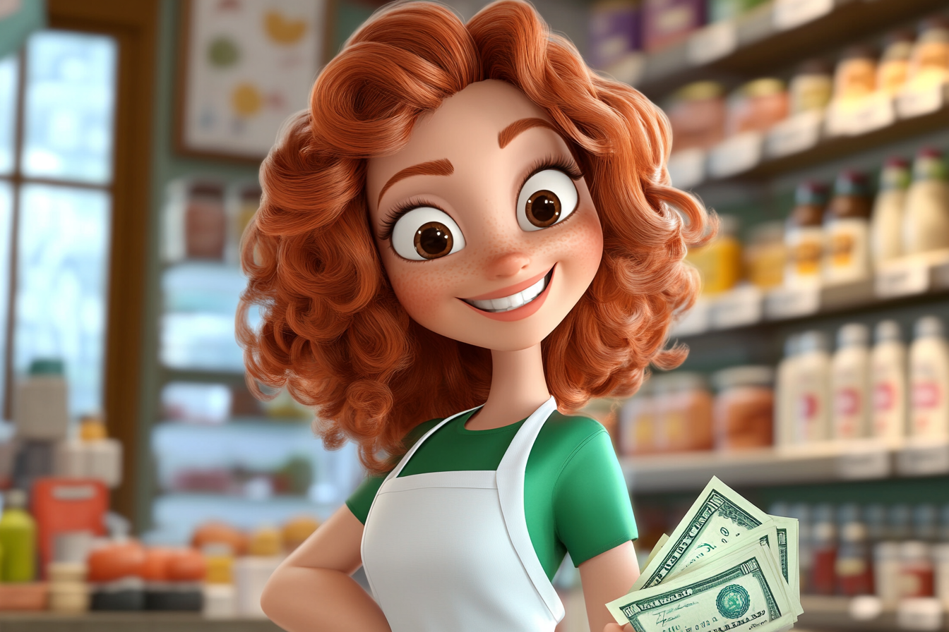 Happy cartoon lady with red hair, money, products