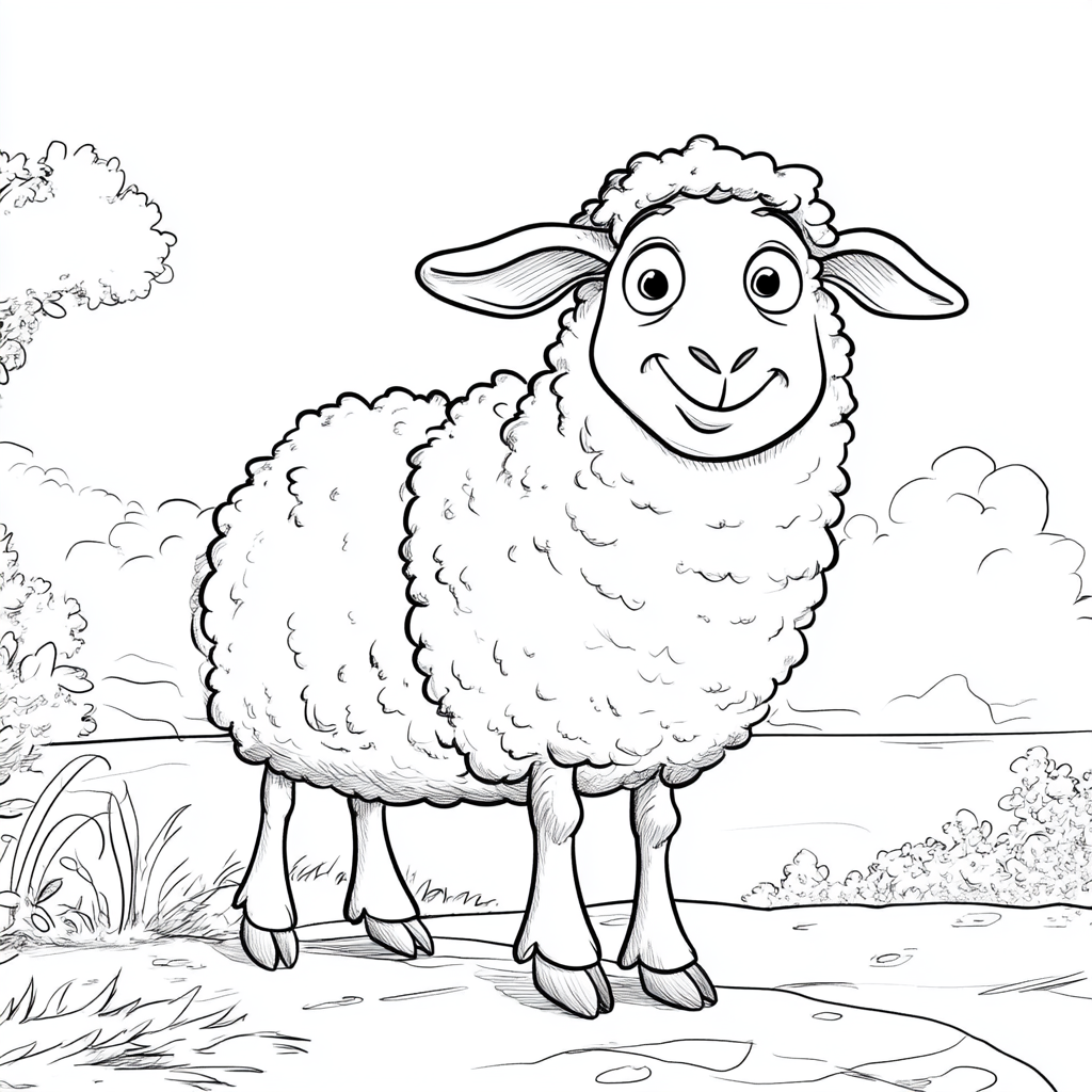 Happy cartoon sheep standing in garden by sea.