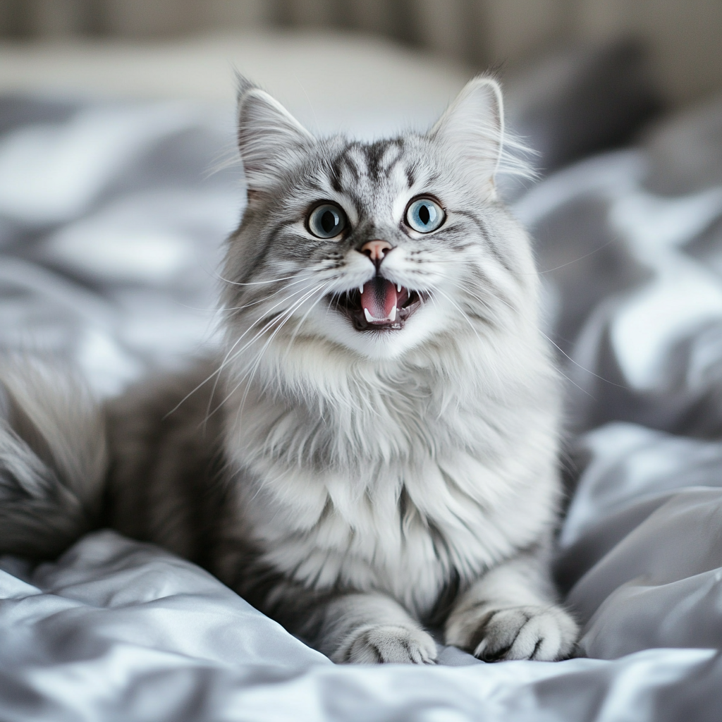 Happy cat with fluffy fur and big eyes.