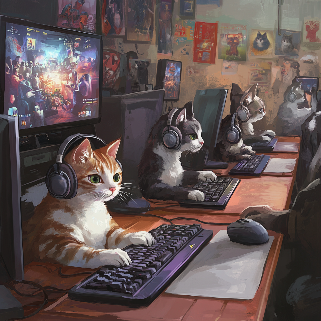 Happy cats playing games on computers with headphones