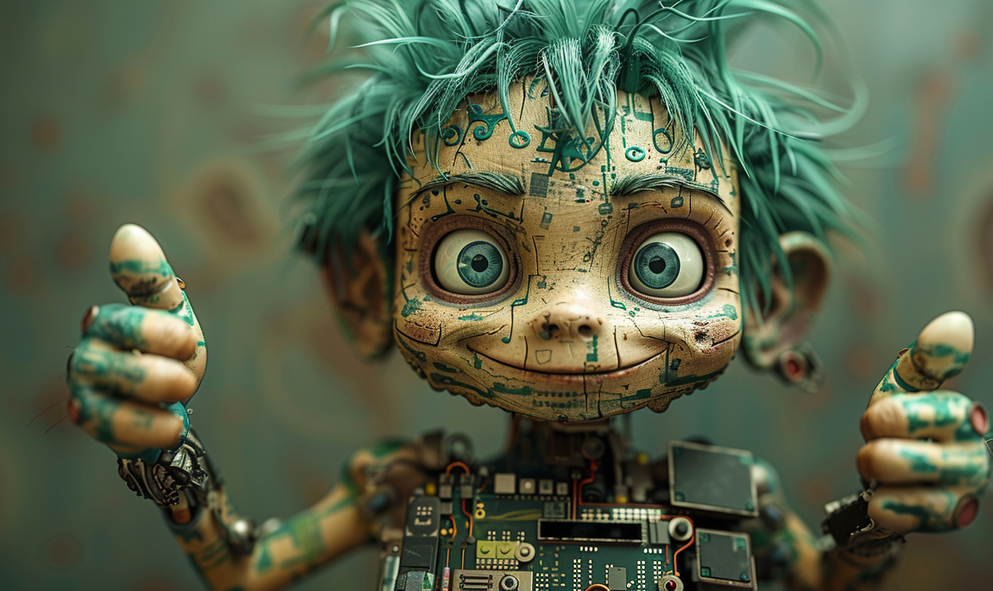 Happy character: thin, tattoos, green hair, circuit board body.