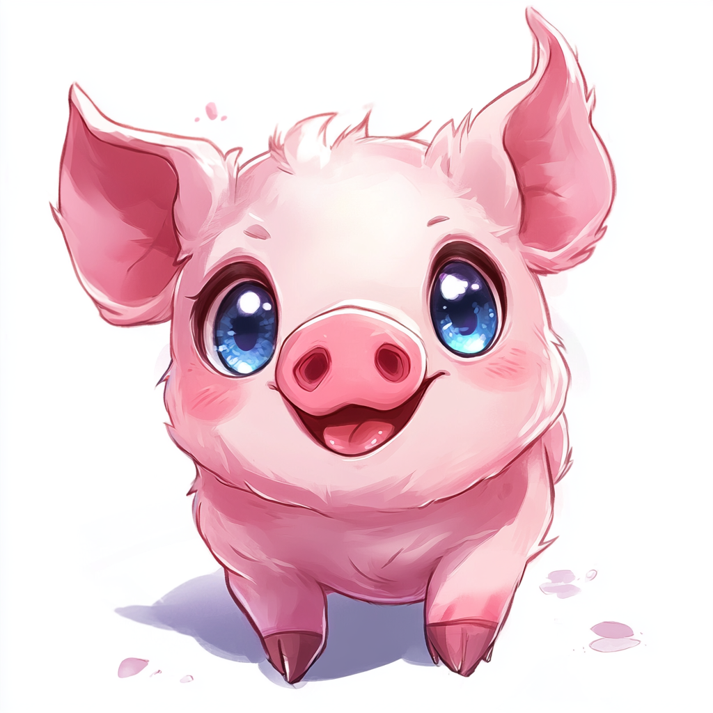 Happy chibi anime pig with glowing eyes design.