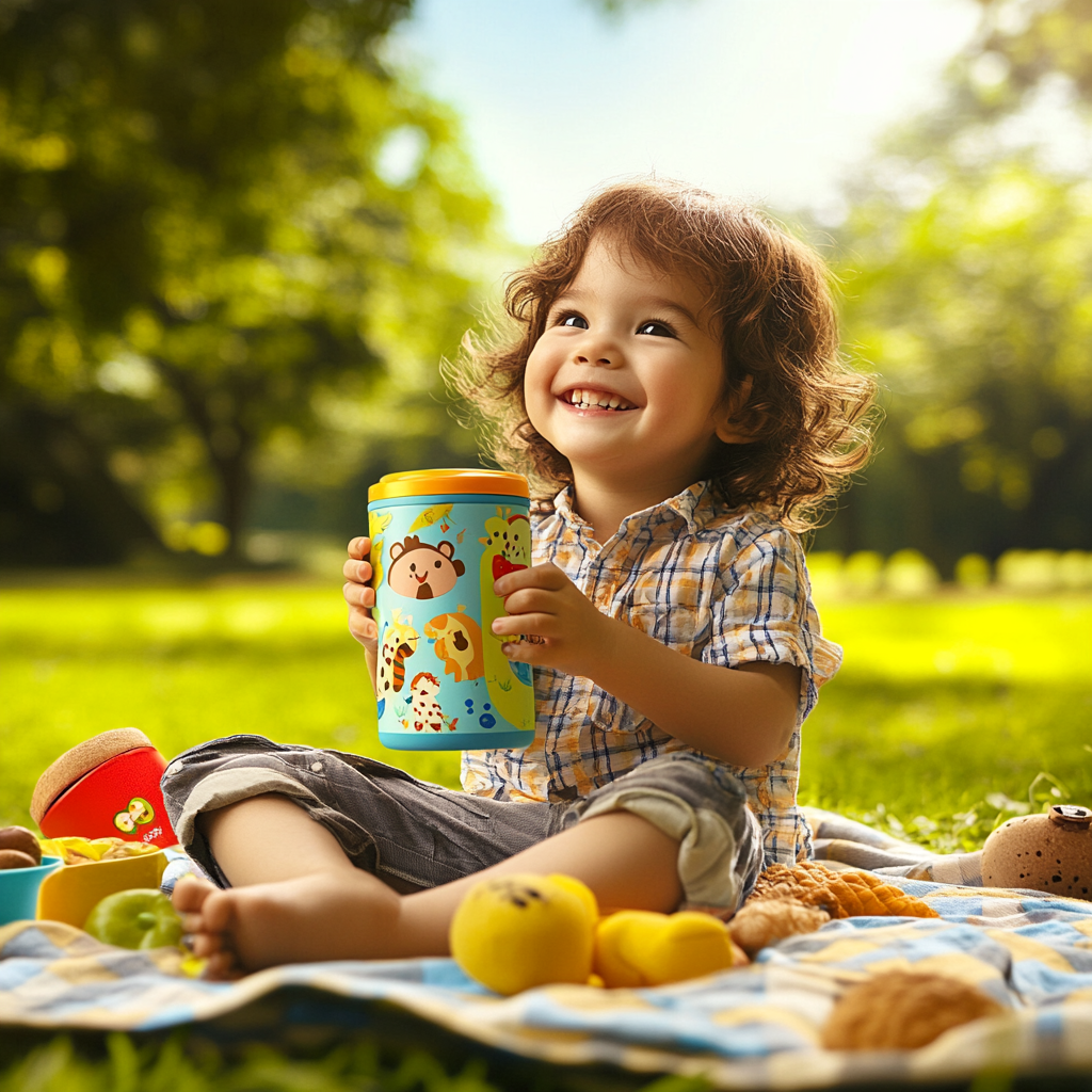 Happy child at park with thermos and snacks.