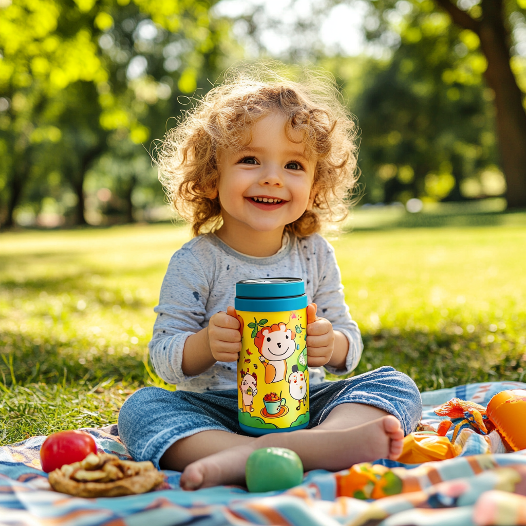 Happy child at sunny park picnic with thermos.