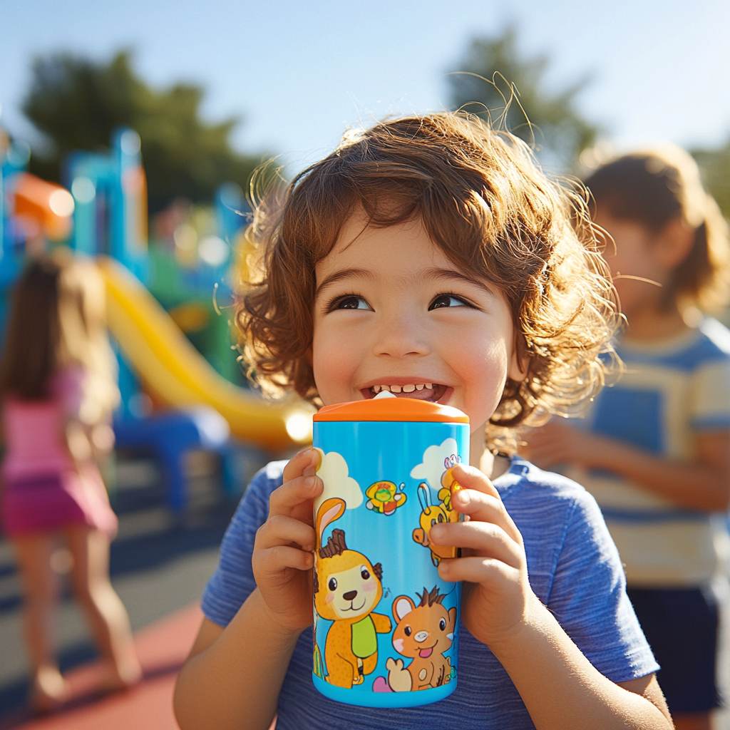 Happy child drinking from colorful thermos at playground.