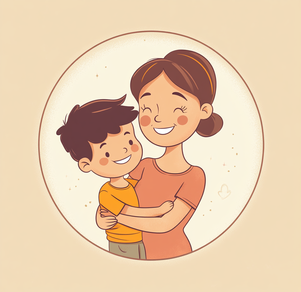 Happy child hugs smiling mom in cute cartoon.