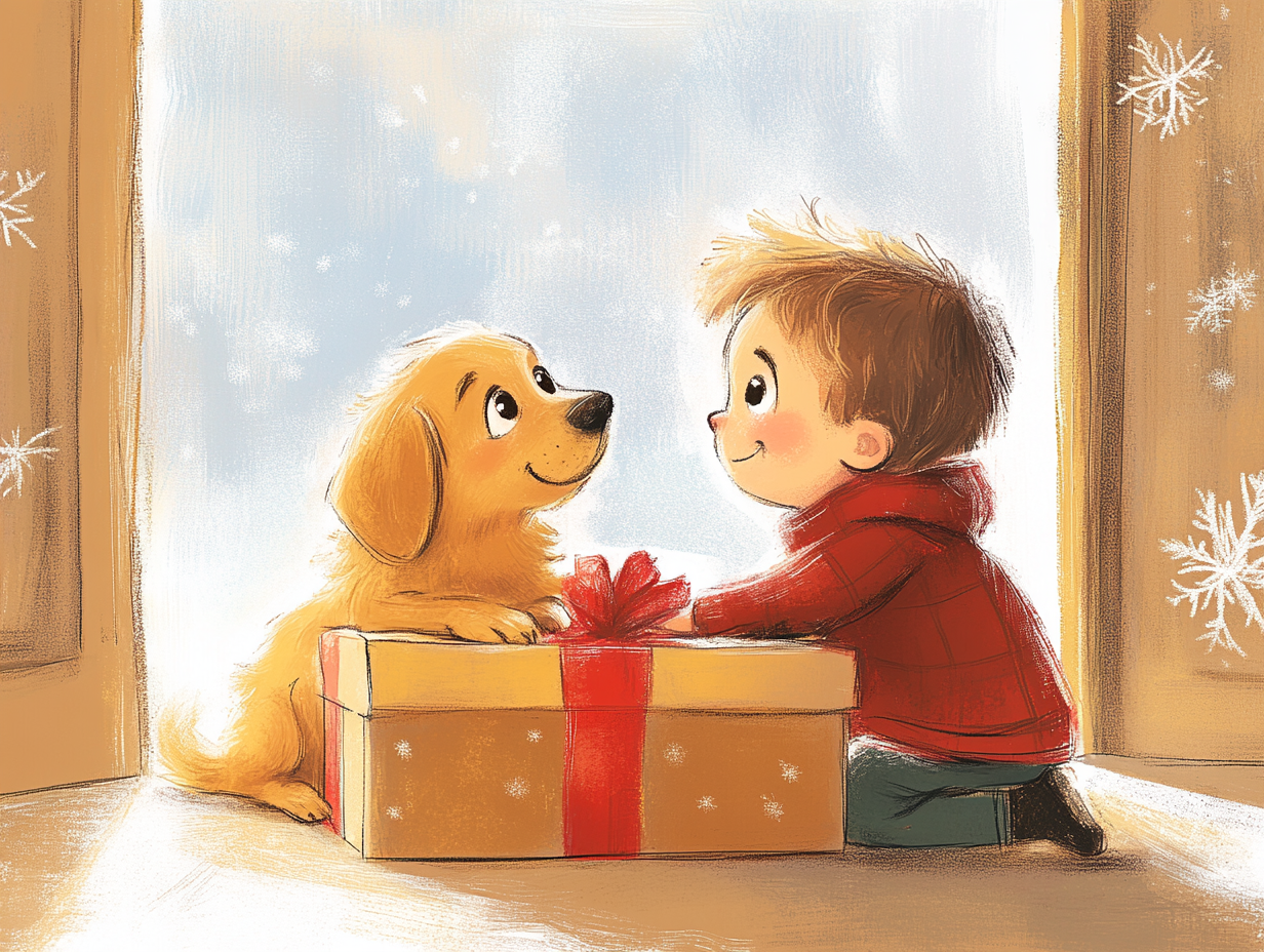 Happy child receiving Golden Retriever puppy on Christmas morning.