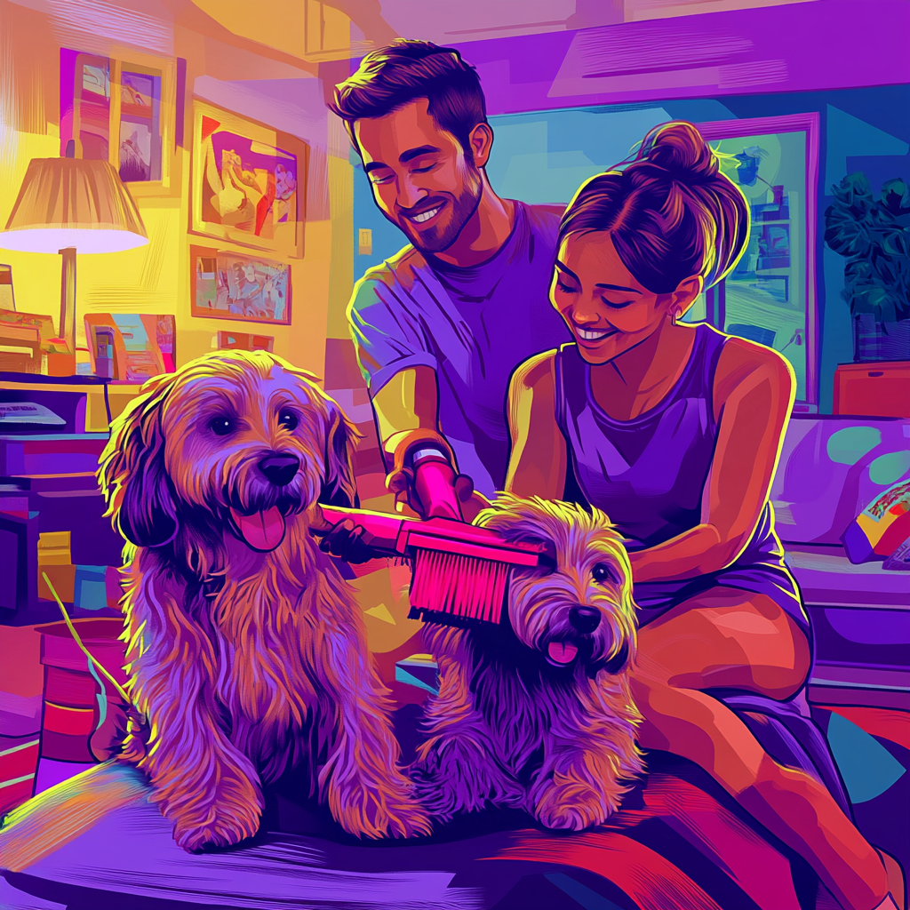 Happy couple grooming two dogs in colorful living room