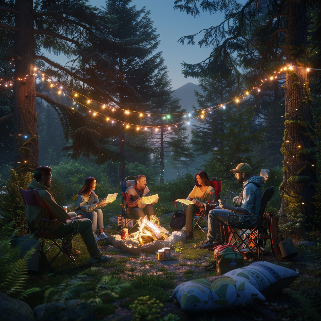 Happy coworkers playing games near campfire in forest