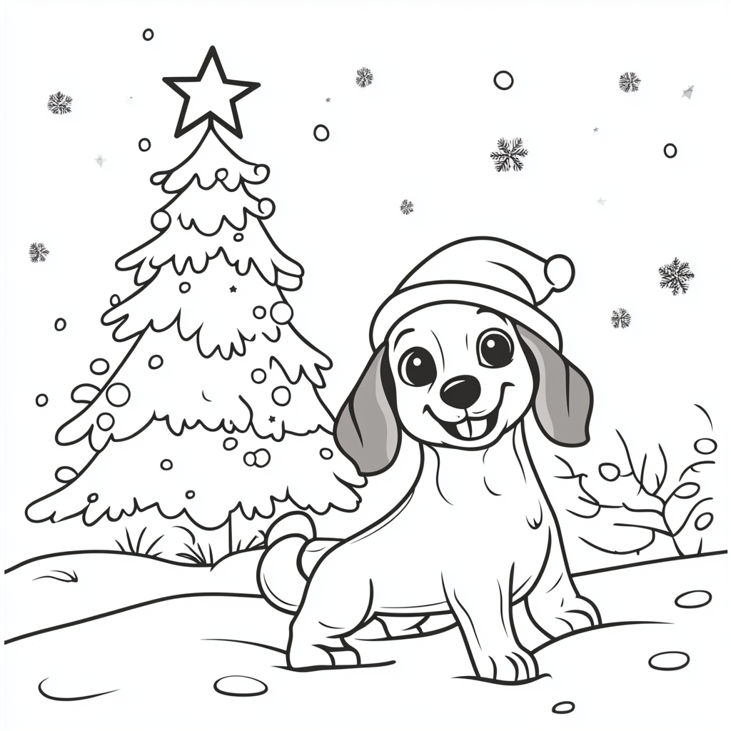 Happy dachshund playing in snow with Christmas tree.