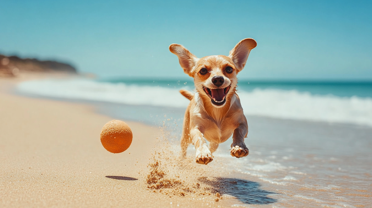 Happy dog playing on sunny beach with ball.