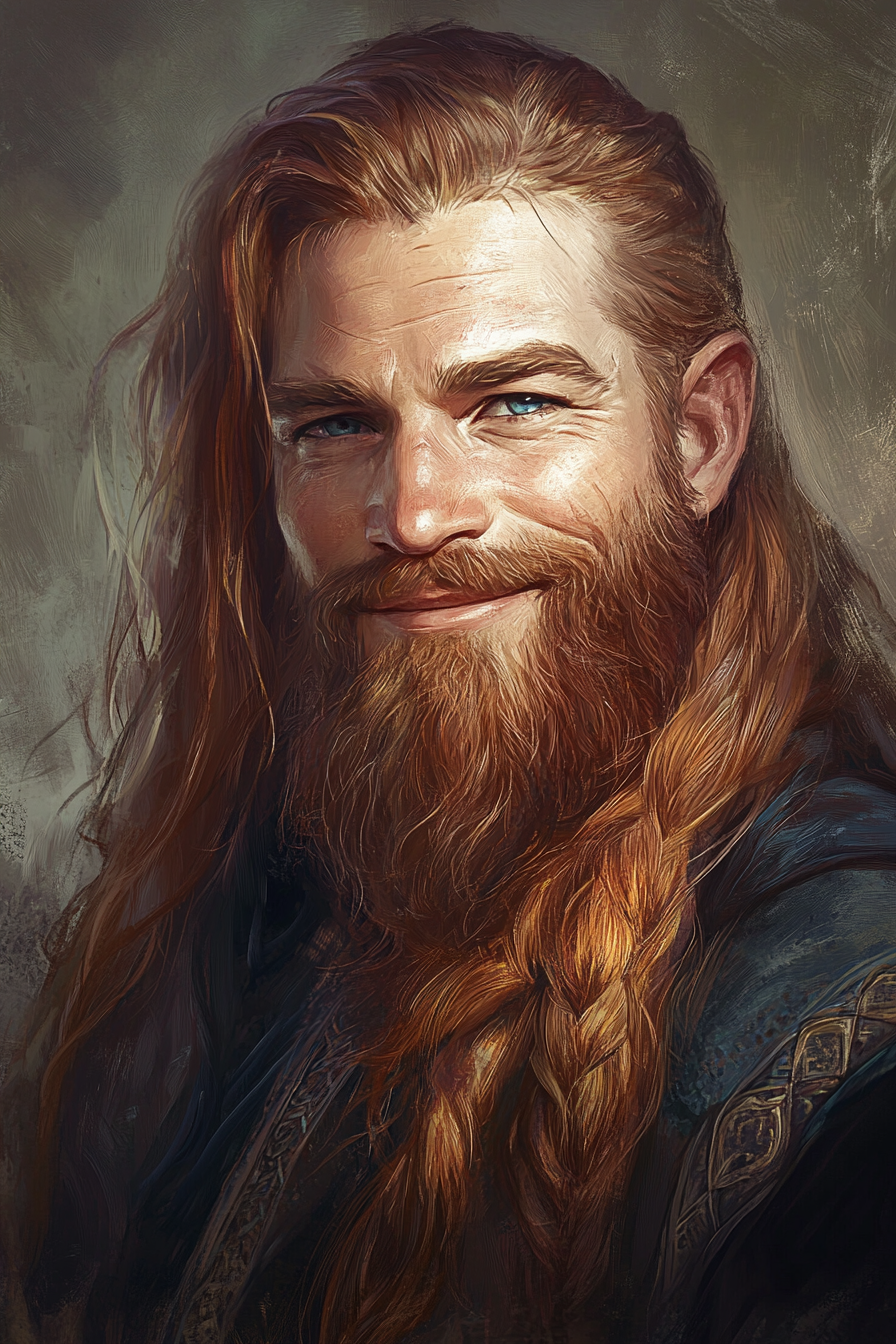 Happy dwarf with auburn hair in dark robes portrait.