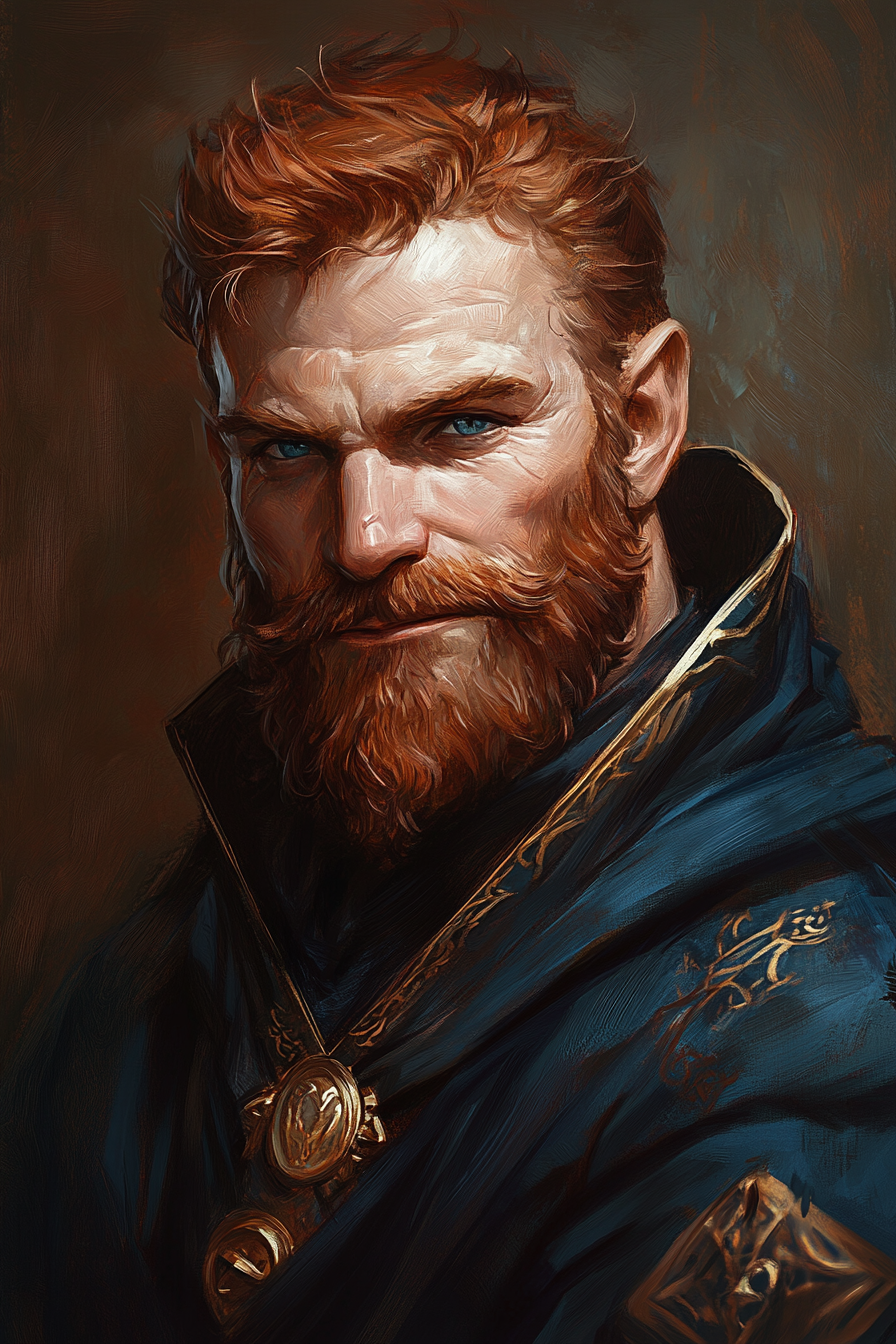 Happy dwarven male with auburn hair, blue eyes, in robes.