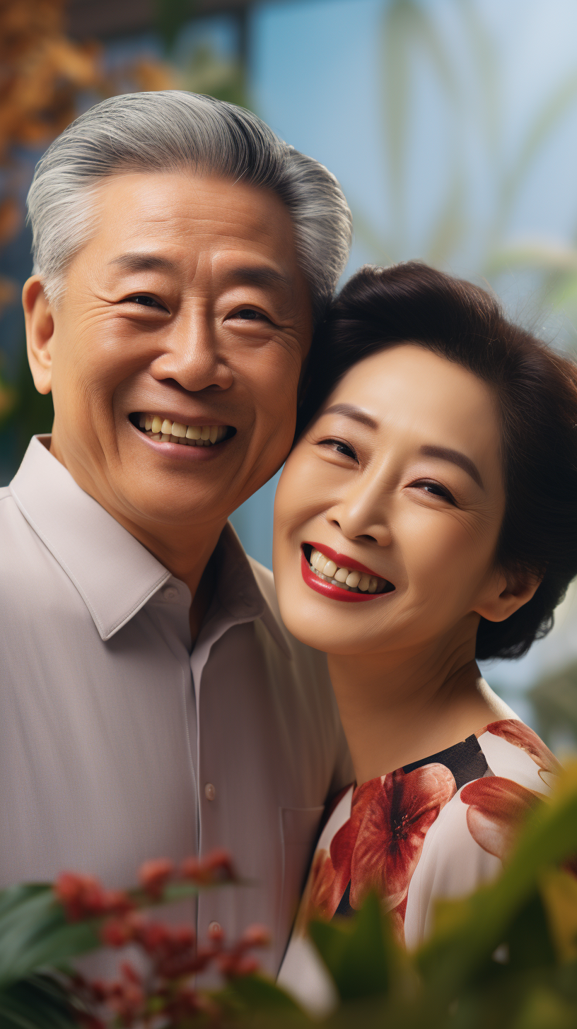 Happy elderly Asian couple in front of building.