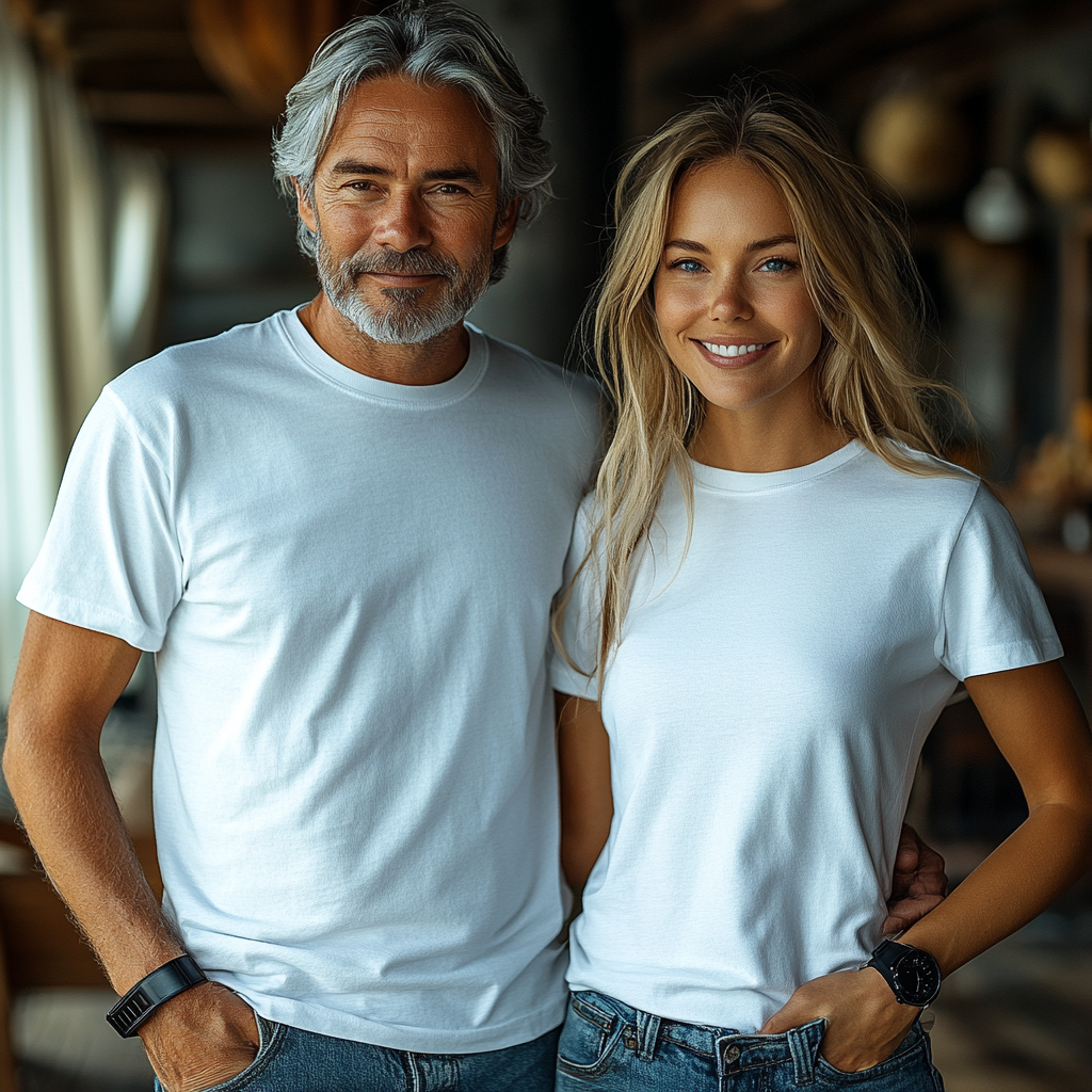 Happy elderly couple in simple white t-shirts smiling.