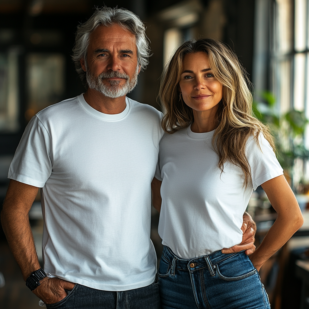 Happy elderly couple in white shirts, smiling together.