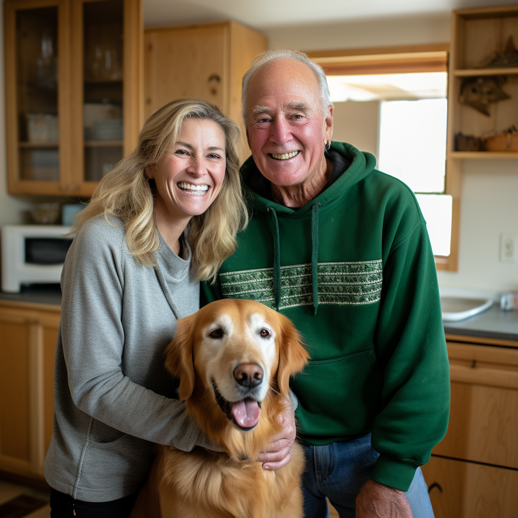 Happy elderly man & young woman with dog in kitchen