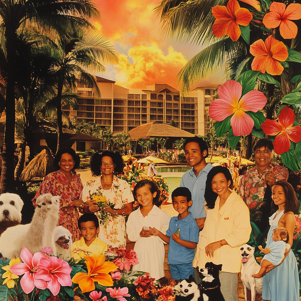 Happy families and pets on vacation in Hawaii