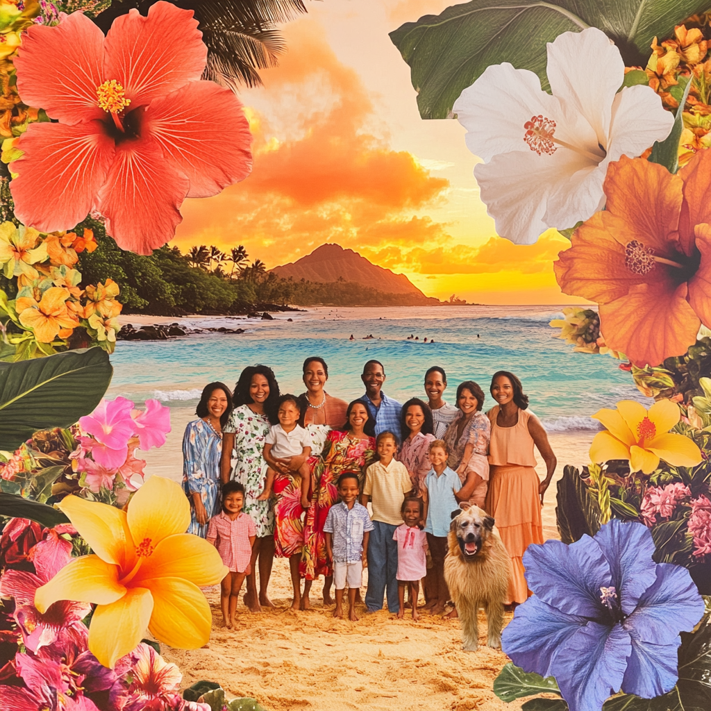 Happy family at Hawaiian beach with pets and flowers