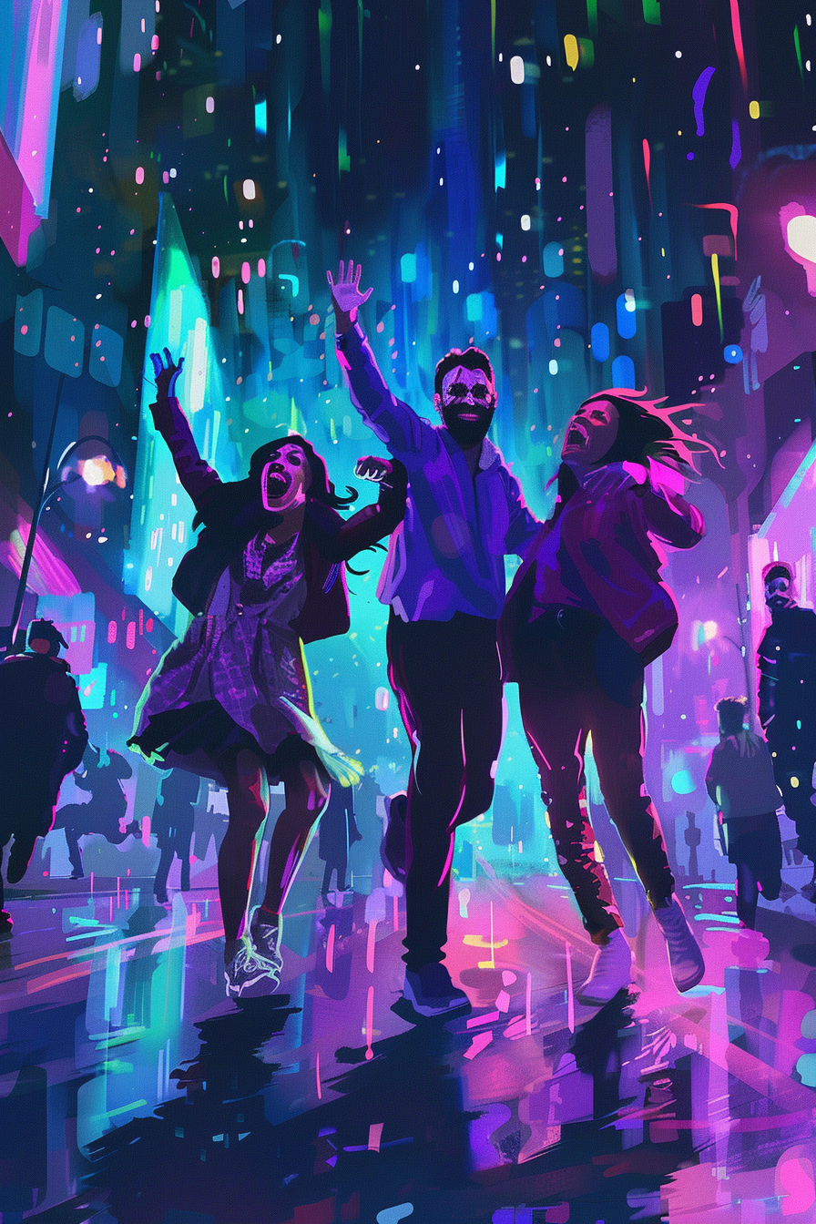 Happy family cartoon dancing in cyberpunk city 