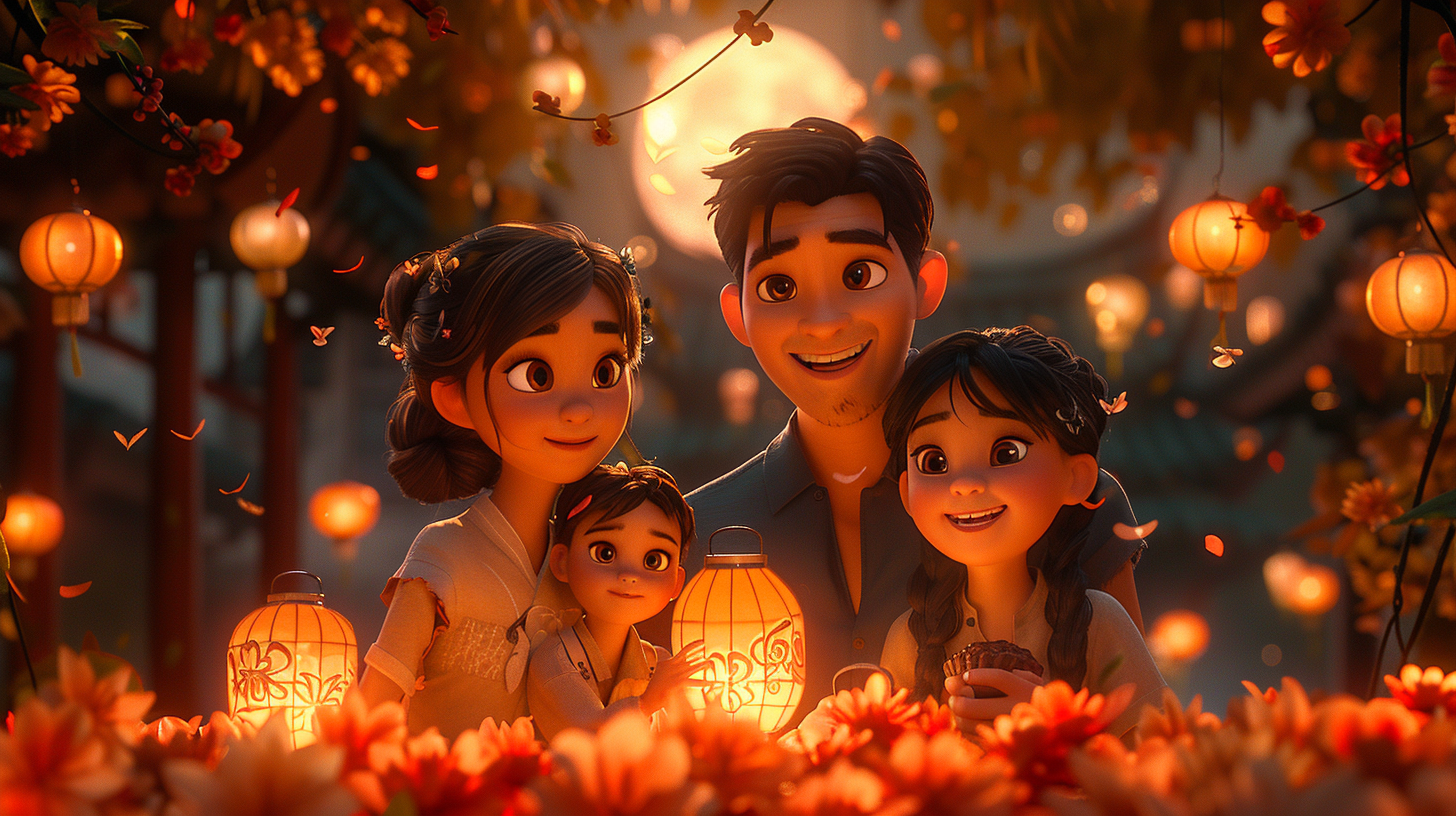 Happy family celebrating Mid-Autumn Festival with colorful lanterns