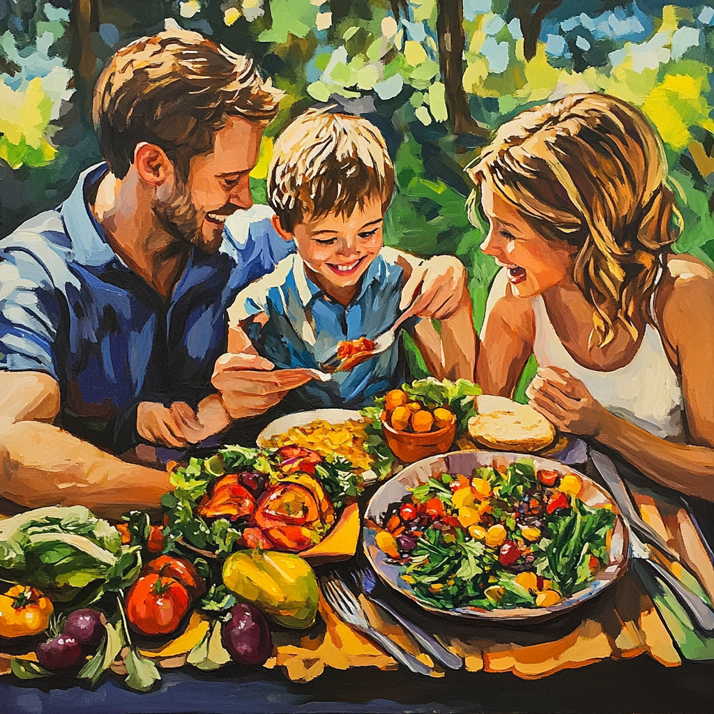 Happy family eats fresh, colorful meal together.