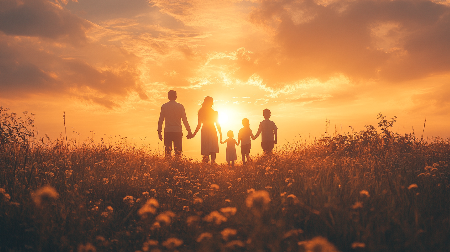 Happy family enjoying sunny day on hilltop.