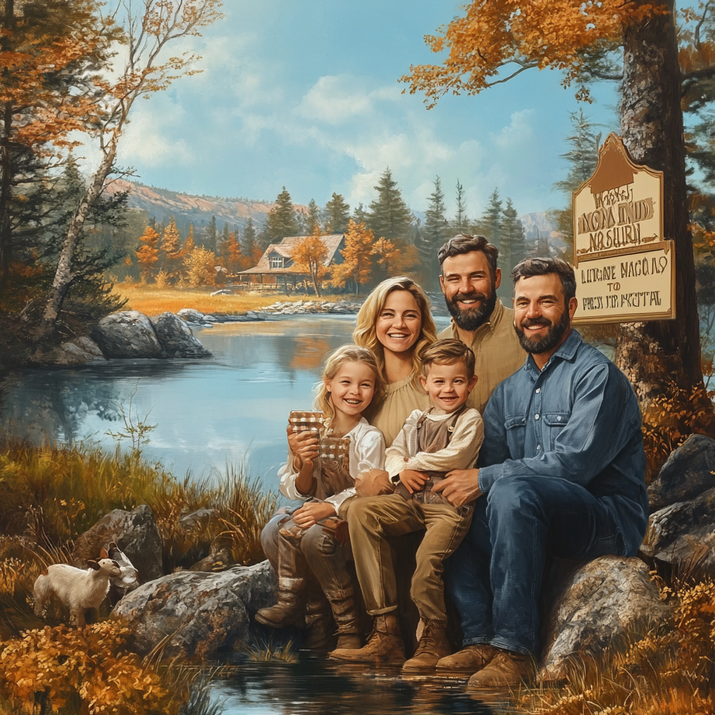 Happy family in Massachusetts with forest and lake.