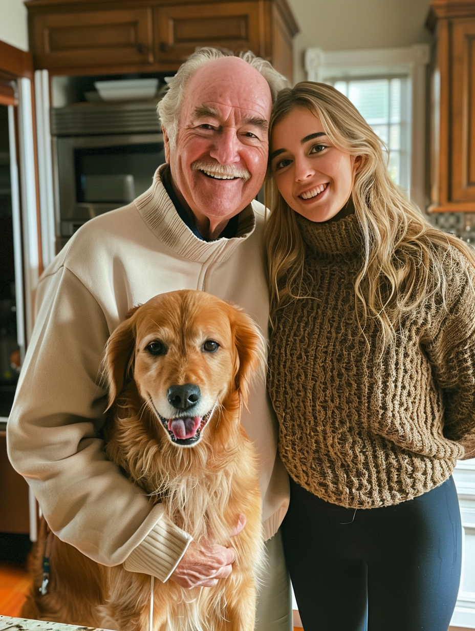 Happy family photo in kitchen with dog