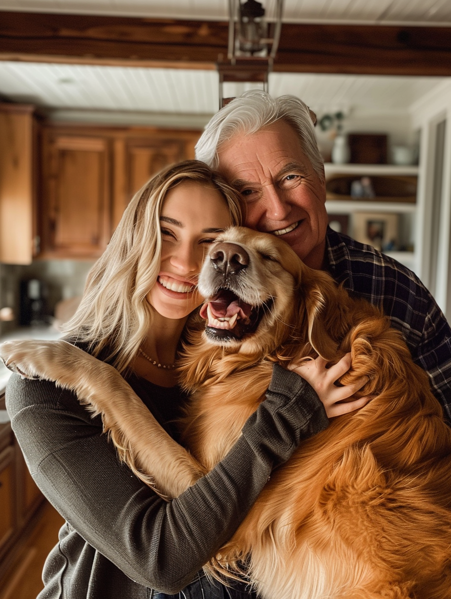 Happy family photo in kitchen with golden retriever