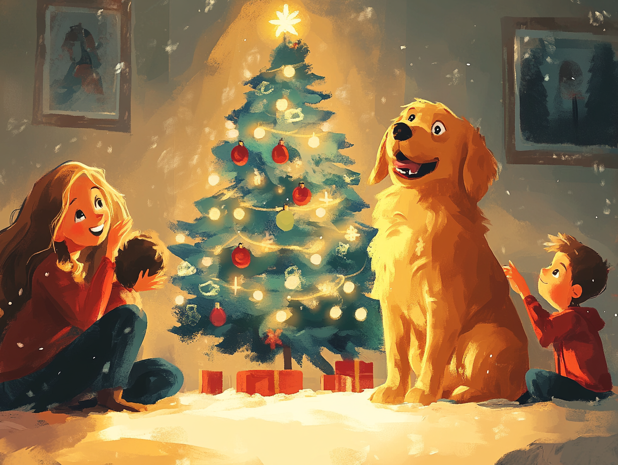 Happy family with Golden Retriever by Christmas tree.