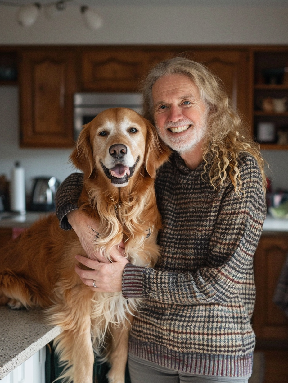 Happy family with girl and dog in kitchen.