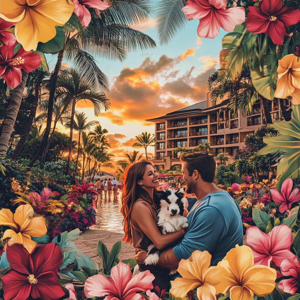 Happy family with pets at Hawaii hotel sunset