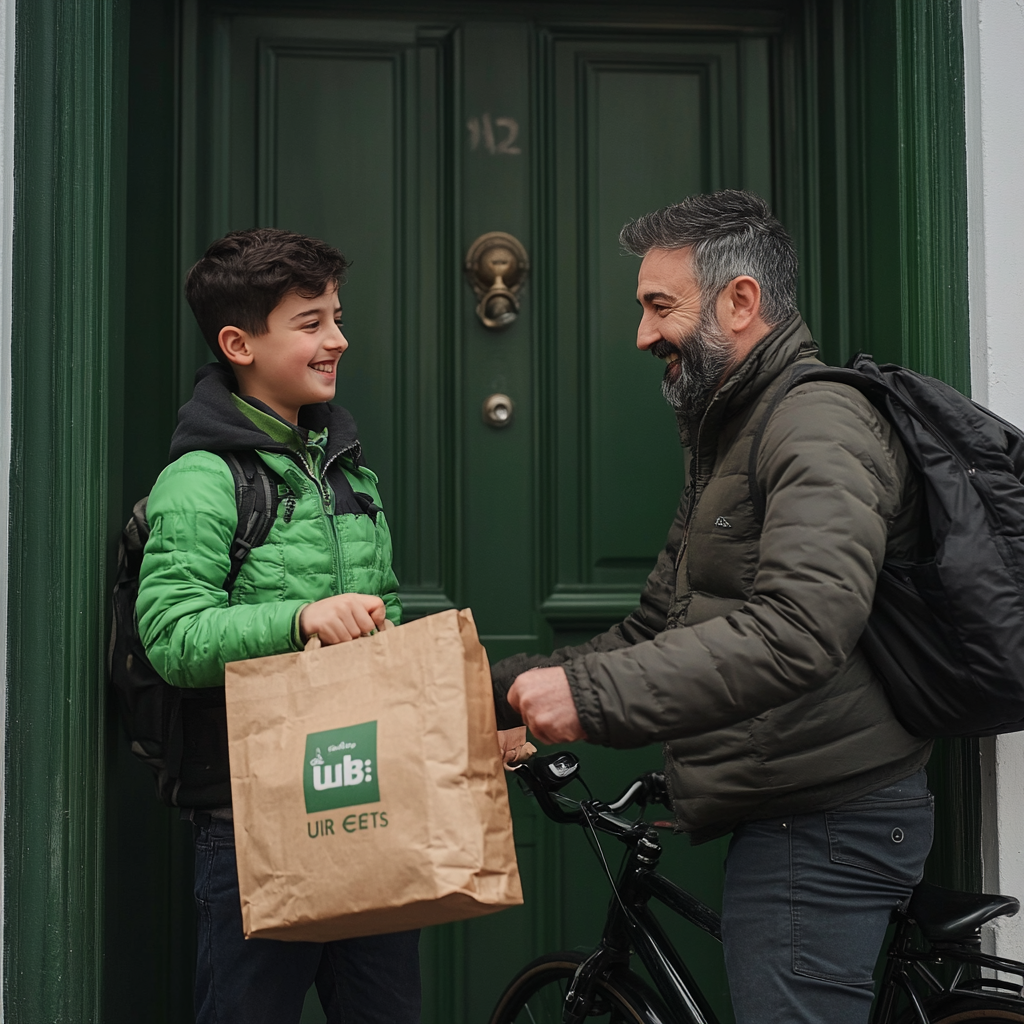 Happy father and son receive Uber Eats delivery.