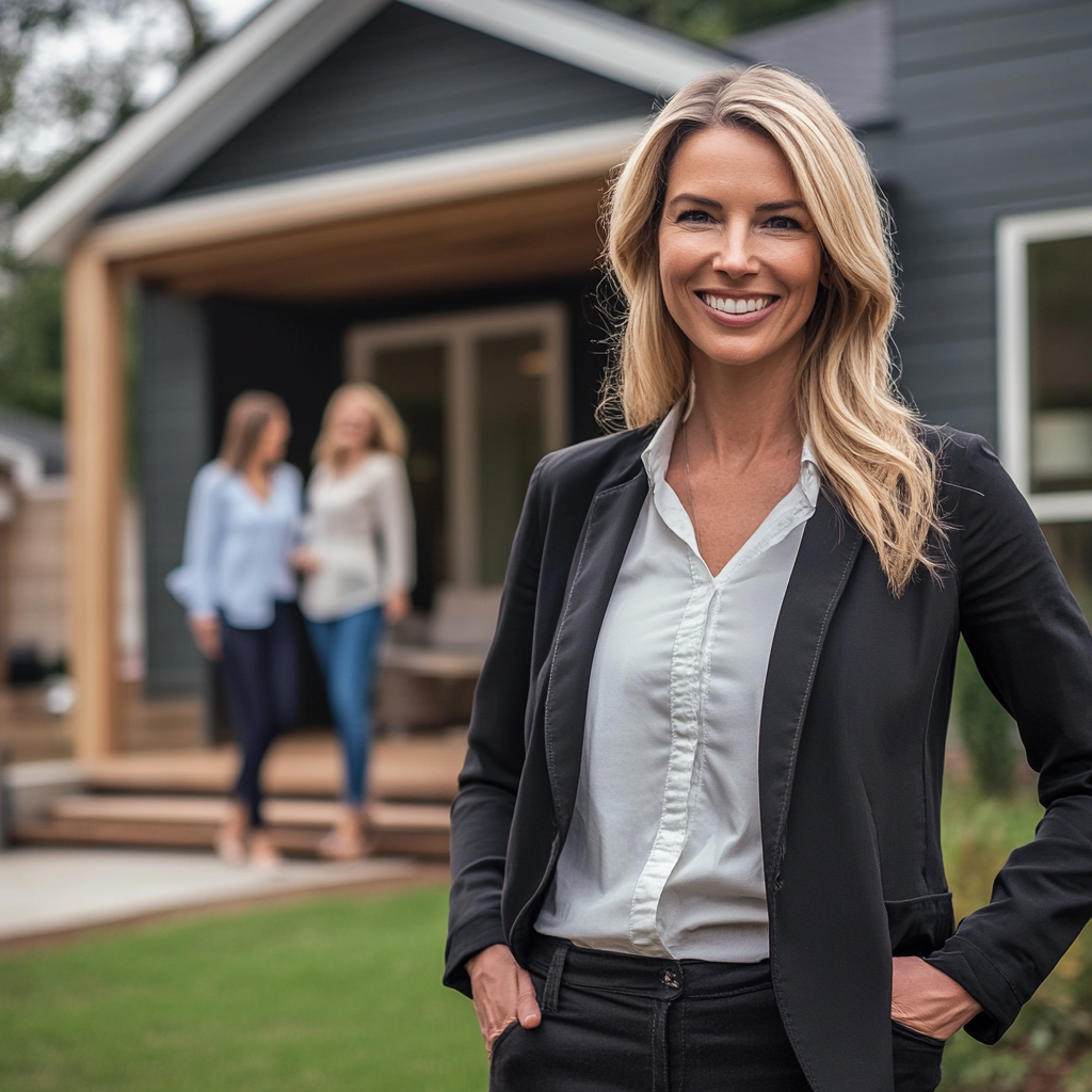 Happy female agent sells home to new family.