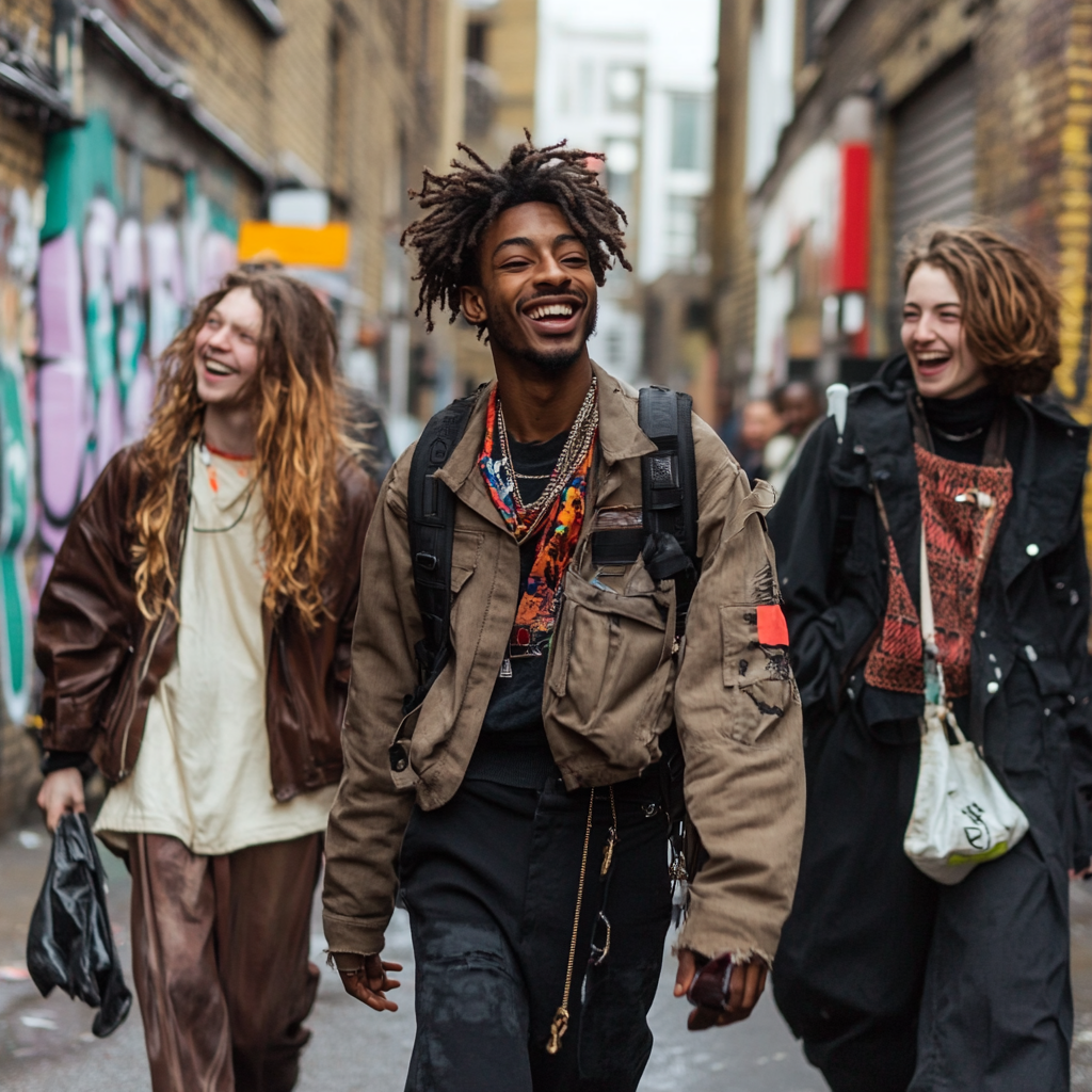 Happy gen z friends laughing in London district